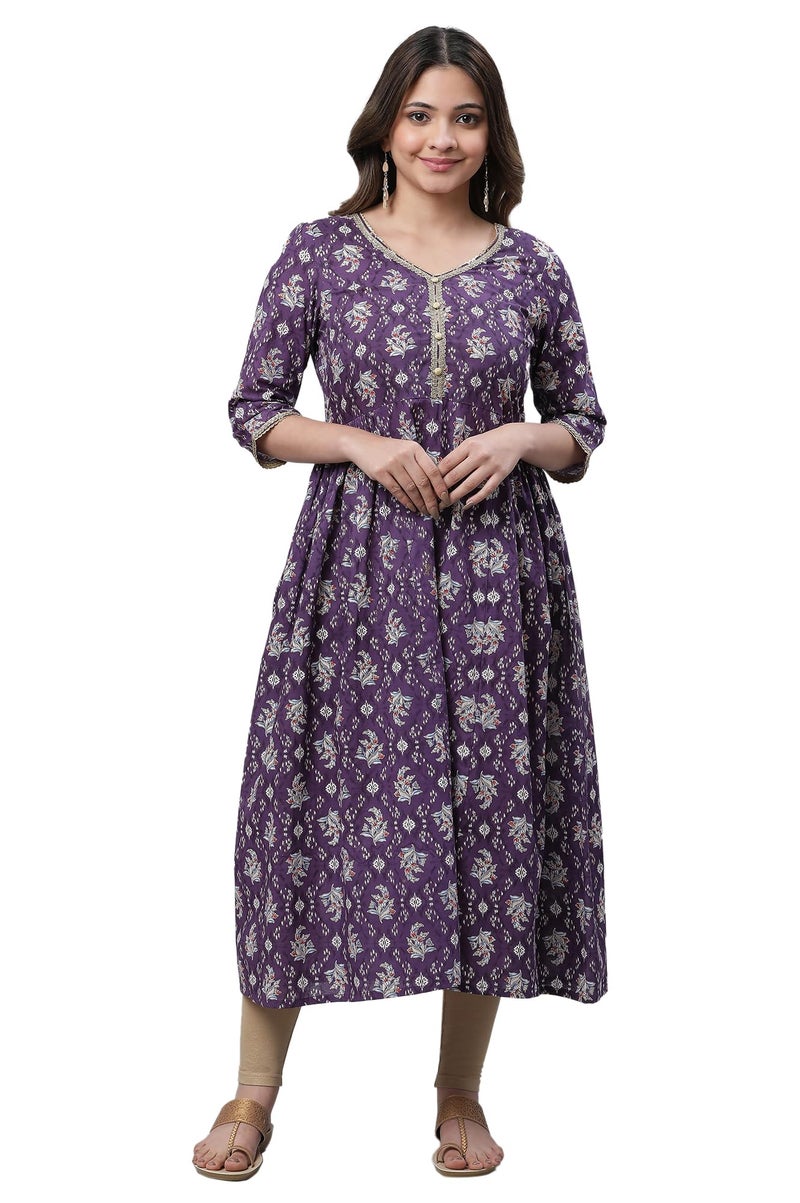 Aurelia Women's Purple Floral Printed Printed Cotton Regular Kurta - Image 1