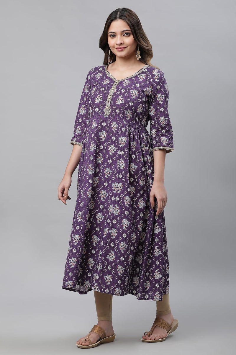 Aurelia Women's Purple Floral Printed Printed Cotton Regular Kurta - Image 2