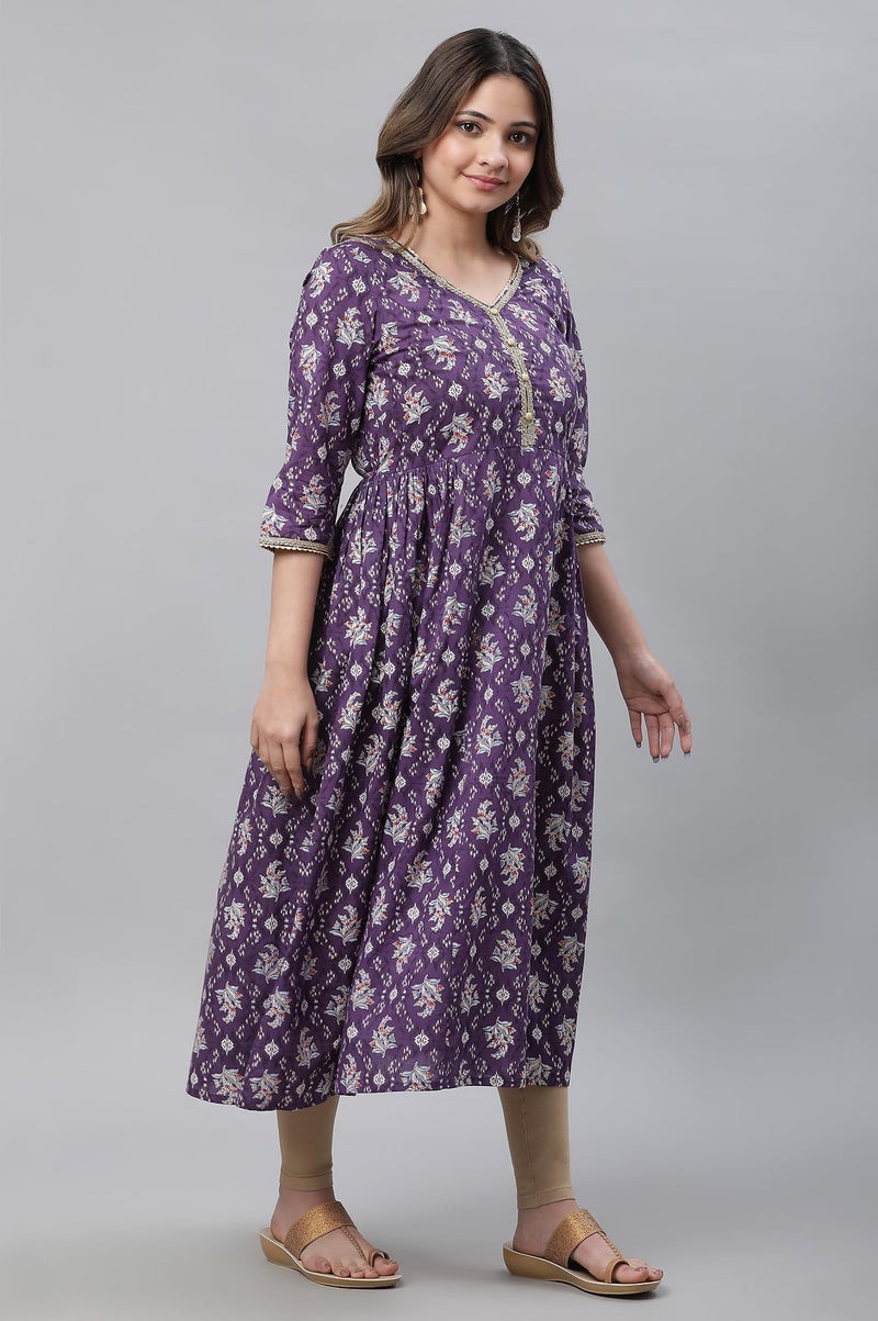 Aurelia Women's Purple Floral Printed Printed Cotton Regular Kurta - Image 4