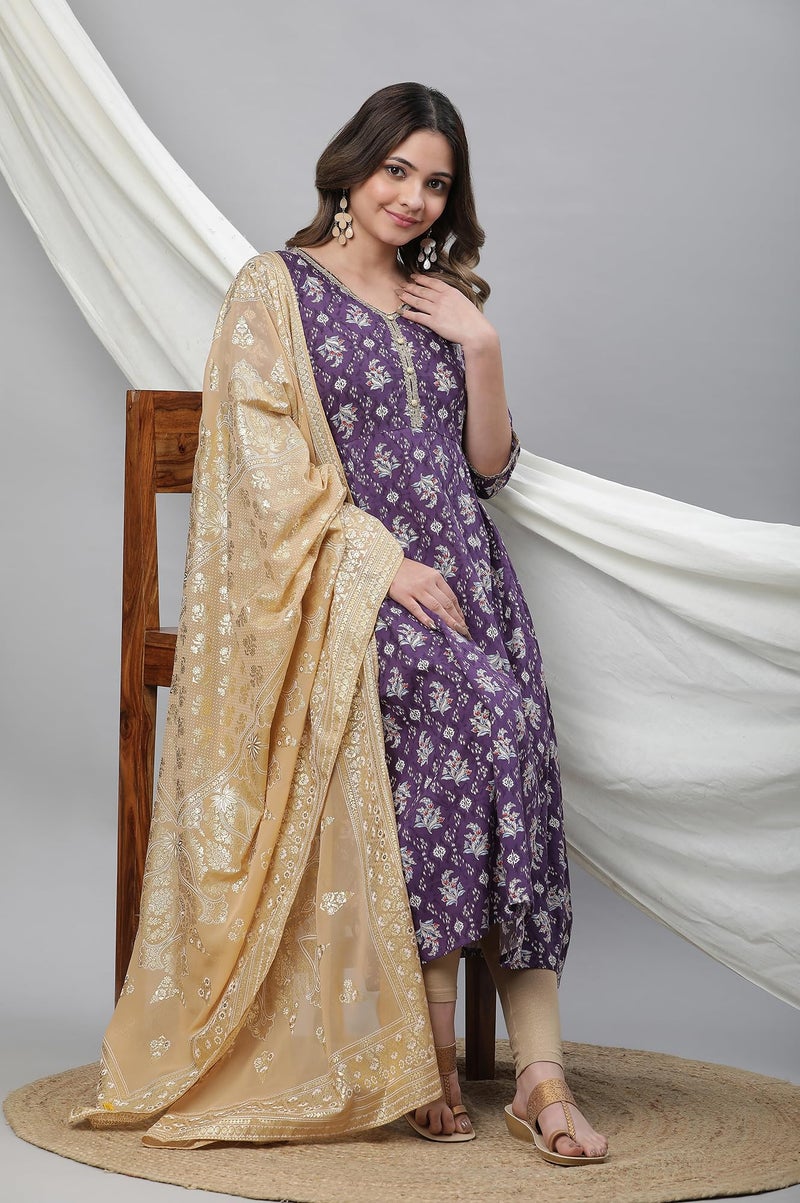 Aurelia Women's Purple Floral Printed Printed Cotton Regular Kurta - Image 5