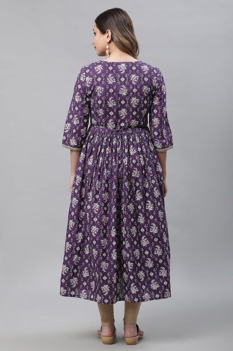 Aurelia Women's Purple Floral Printed Printed Cotton Regular Kurta - Image 3