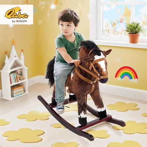 Qaba Kids Wooden Plush RideOn Rocking Horse Chair Toy with Realistic Sounds Dark BrownWhite - Image 5