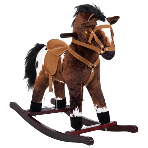 Qaba Kids Wooden Plush RideOn Rocking Horse Chair Toy with Realistic Sounds Dark BrownWhite - Image 1