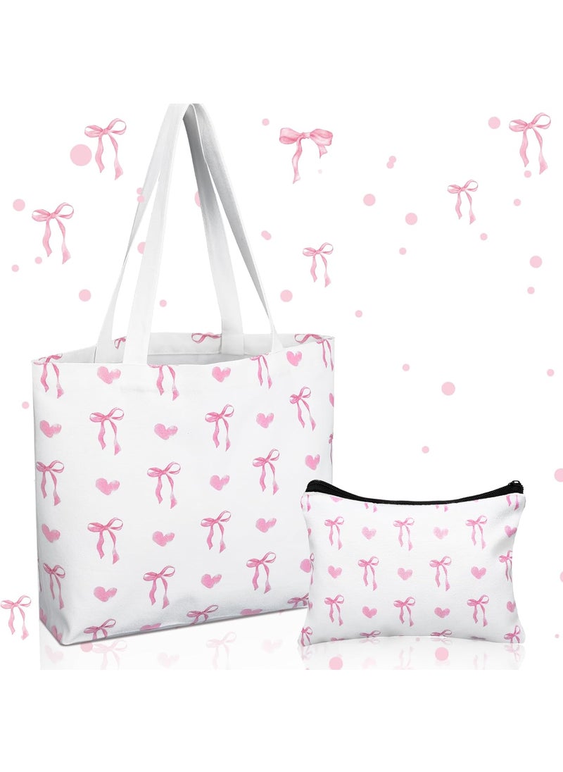 Reginary Reginary 2 Pcs Coquette Pink Bow Canvas Tote Bags with a Makeup Bag Aesthetic Reusable Pink Bow Birthday Gift Valentine Birthday Gift for Woman Female  - Image 1