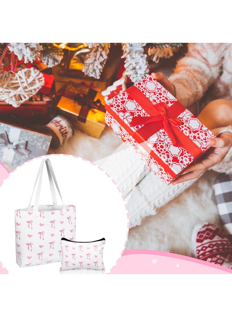 Reginary Reginary 2 Pcs Coquette Pink Bow Canvas Tote Bags with a Makeup Bag Aesthetic Reusable Pink Bow Birthday Gift Valentine Birthday Gift for Woman Female  - Image 5