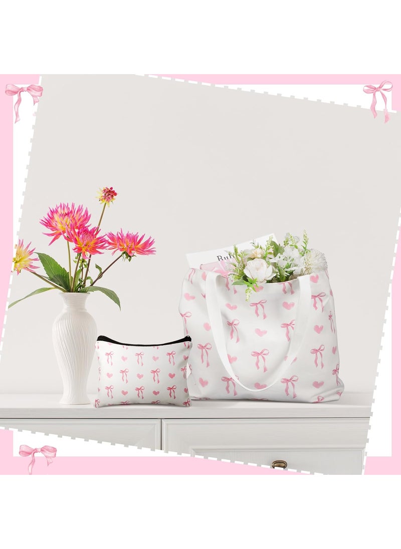Reginary Reginary 2 Pcs Coquette Pink Bow Canvas Tote Bags with a Makeup Bag Aesthetic Reusable Pink Bow Birthday Gift Valentine Birthday Gift for Woman Female  - Image 3