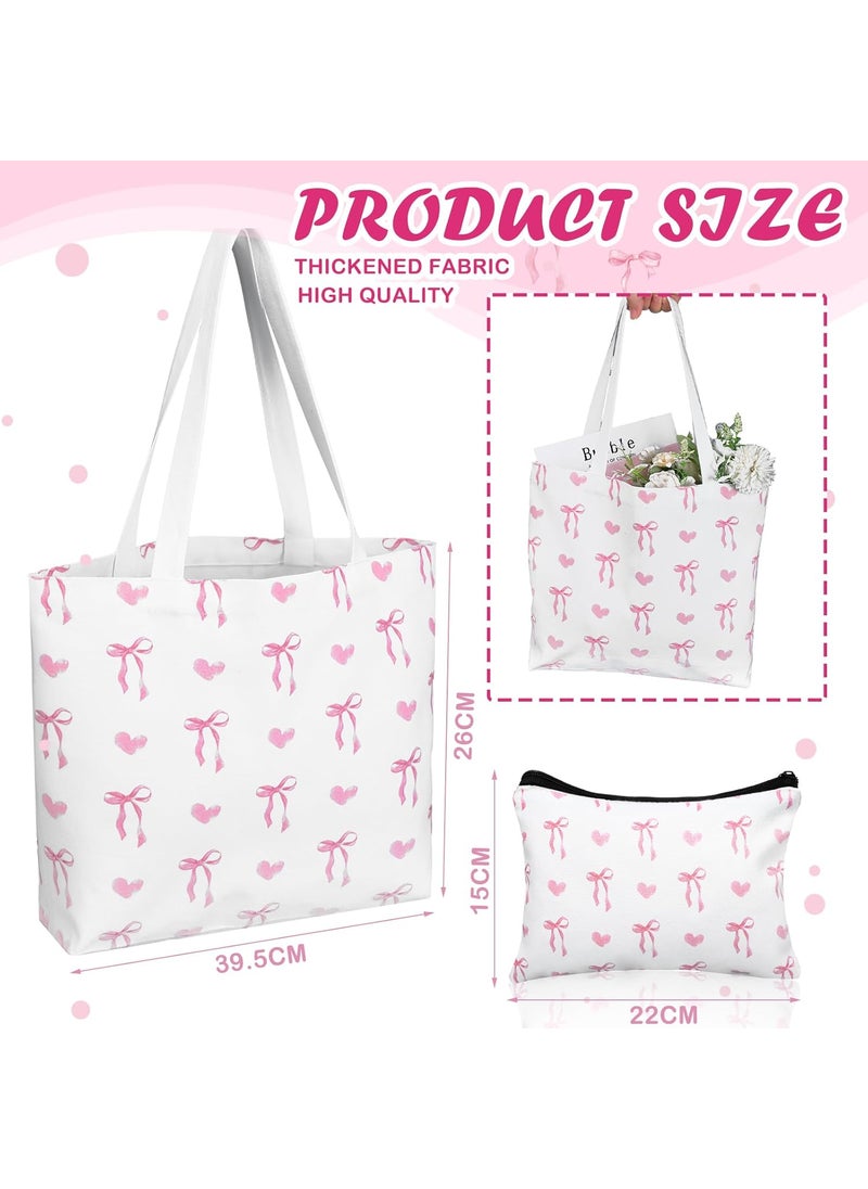 Reginary Reginary 2 Pcs Coquette Pink Bow Canvas Tote Bags with a Makeup Bag Aesthetic Reusable Pink Bow Birthday Gift Valentine Birthday Gift for Woman Female  - Image 2