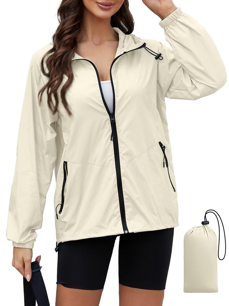 PITINAN Waterproof Rain Jacket Womens Lightweight Hiking Rain Jacket for Women Packable Hooded Raincoat Windbreaker With Pockets Beige M - Image 1
