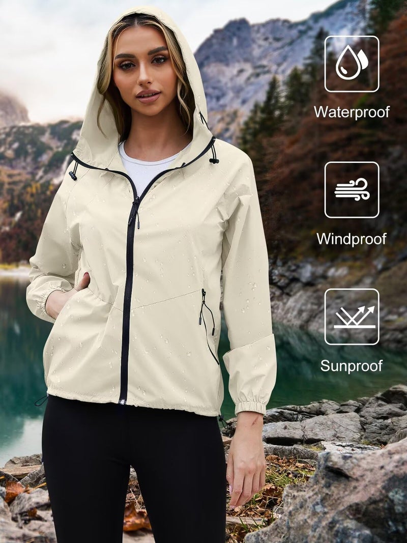 PITINAN Waterproof Rain Jacket Womens Lightweight Hiking Rain Jacket for Women Packable Hooded Raincoat Windbreaker With Pockets Beige M - Image 2