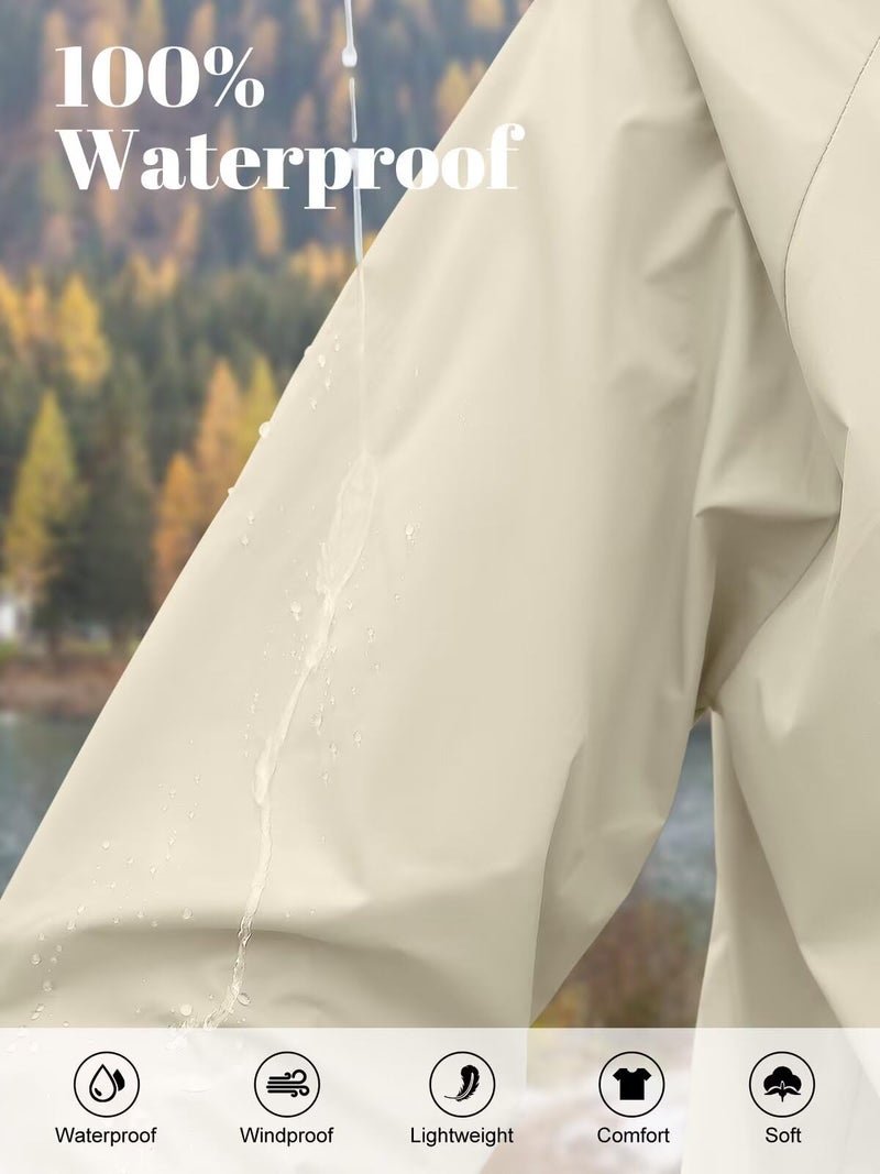 PITINAN Waterproof Rain Jacket Womens Lightweight Hiking Rain Jacket for Women Packable Hooded Raincoat Windbreaker With Pockets Beige M - Image 4