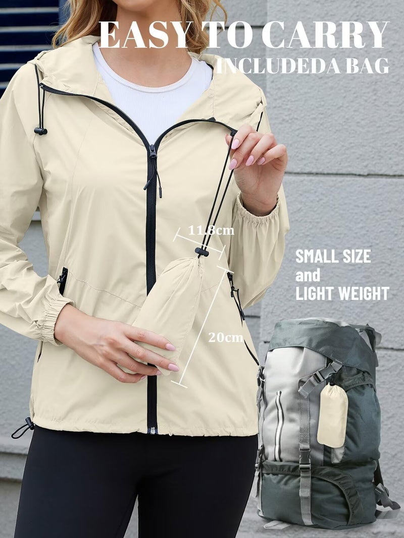 PITINAN Waterproof Rain Jacket Womens Lightweight Hiking Rain Jacket for Women Packable Hooded Raincoat Windbreaker With Pockets Beige M - Image 5
