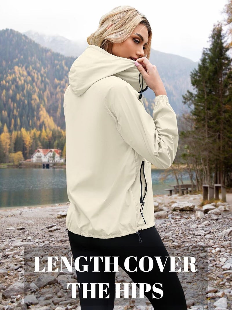 PITINAN Waterproof Rain Jacket Womens Lightweight Hiking Rain Jacket for Women Packable Hooded Raincoat Windbreaker With Pockets Beige M - Image 3