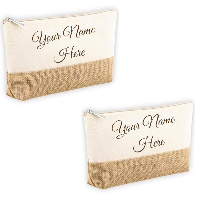 CrownLit Personalized Cotton and Jute Makeup Pouch, 27 x 13 x 5 cm(Medium), Customizable Name, Natural Pack of (2) - Image 1