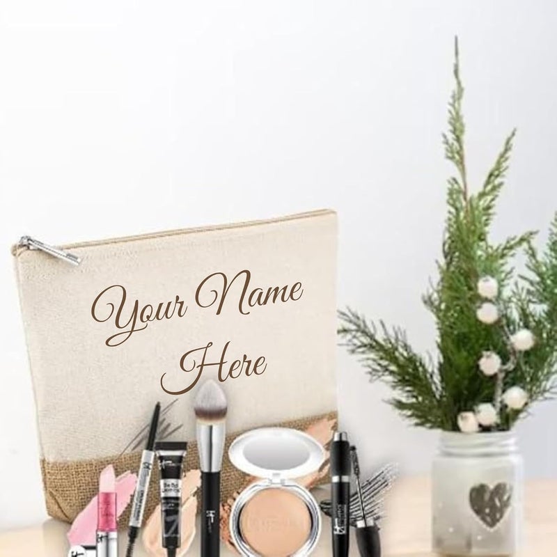 CrownLit Personalized Cotton and Jute Makeup Pouch, 27 x 13 x 5 cm(Medium), Customizable Name, Natural Pack of (2) - Image 4