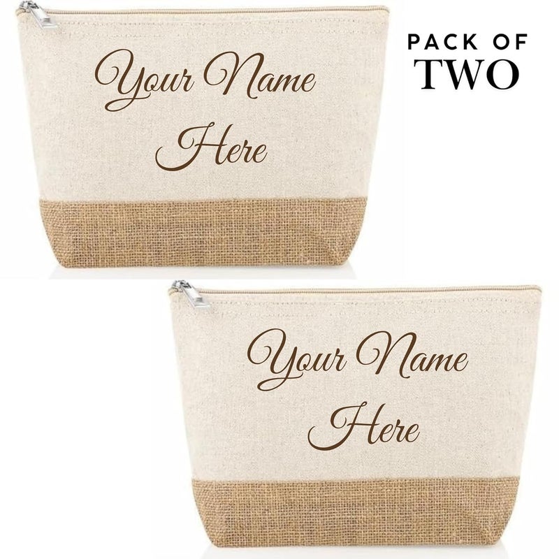 CrownLit Personalized Cotton and Jute Makeup Pouch, 27 x 13 x 5 cm(Medium), Customizable Name, Natural Pack of (2) - Image 3