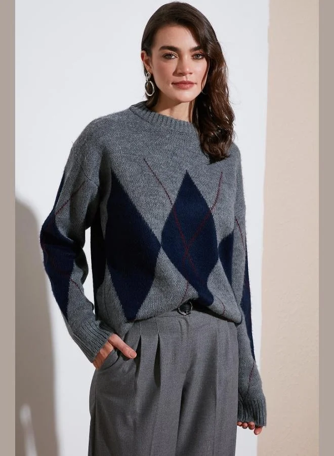 Lela Lela Diamond Patterned Standard Fit Crew Neck Sweater Women's SWEATER 4615574