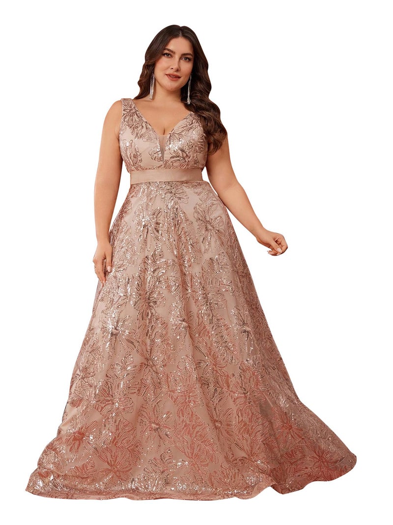 XUIBOL Plus Size Sleeveless Glitter Sequined Womens Long Formal Gown Aline Wedding Guest Dress Floor Length Evening Dresses Champagne 1XL - Image 1