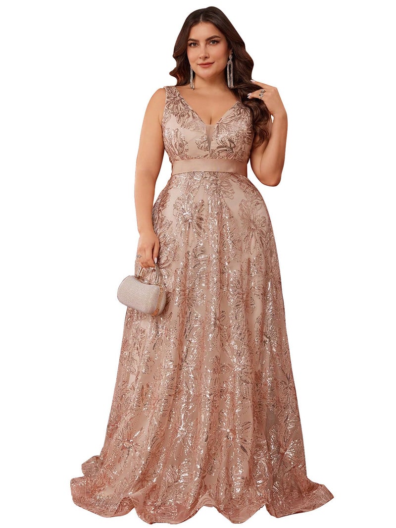 XUIBOL Plus Size Sleeveless Glitter Sequined Womens Long Formal Gown Aline Wedding Guest Dress Floor Length Evening Dresses Champagne 1XL - Image 4