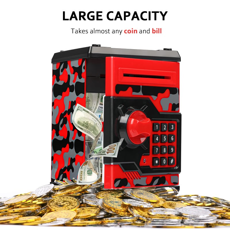 Vcertcpl ATM Piggy Bank for Boys Girls, Vcertcpl Mini ATM Coin Bank Money Saving Box with Password, Kids Safe Money Jar for Adults with Auto Grab Bill Slot, Great Gift Toy Bank for Kids(Camouflage Red) - Image 4