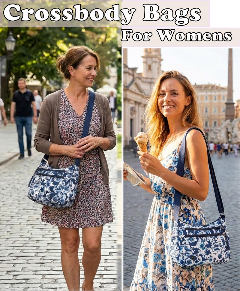 Wytidian Crossbody Bags for Women Waterproof Nylon Shoulder Bag Roomy Multiple Pockets Messenger Purses Handbags (Cyan-Floral 03) - Image 2