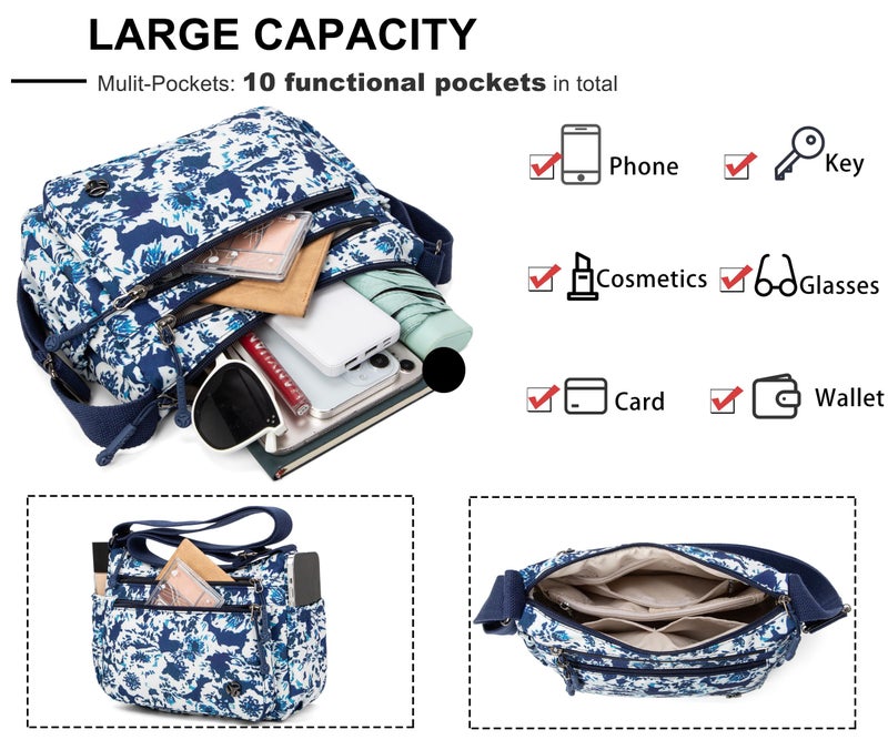 Wytidian Crossbody Bags for Women Waterproof Nylon Shoulder Bag Roomy Multiple Pockets Messenger Purses Handbags (Cyan-Floral 03) - Image 5