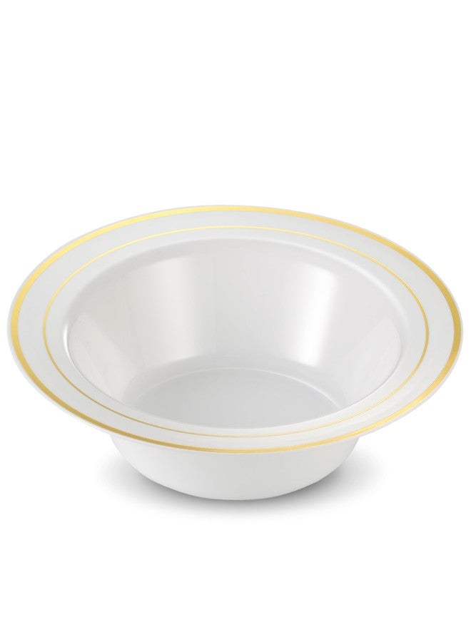 Munfix 50 Gold Plastic Bowls Set, 12oz Disposable Fancy Soup Bowls, Heavy Duty Elegant Dinner Bowls, White with Gold Rim Cereal/Dessert Bowls - Image 2