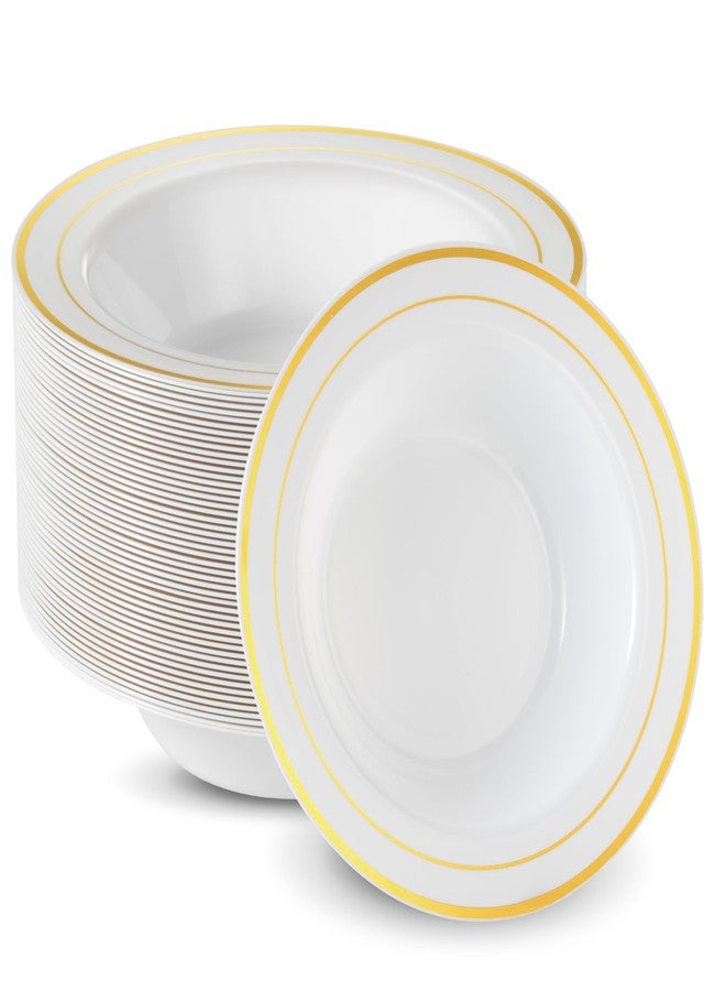 Munfix 50 Gold Plastic Bowls Set, 12oz Disposable Fancy Soup Bowls, Heavy Duty Elegant Dinner Bowls, White with Gold Rim Cereal/Dessert Bowls - Image 1
