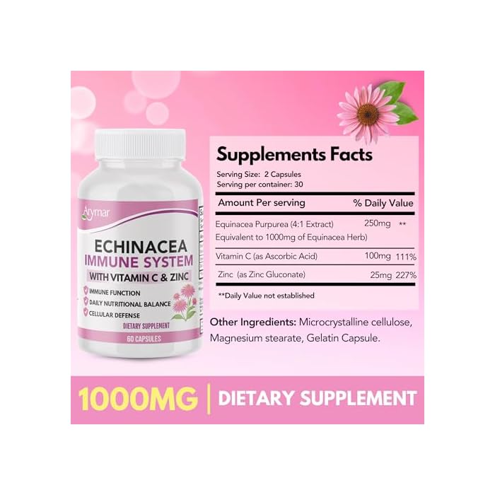 Arymar Echinacea Complex with Vitamin C & Zinc: 3-in-1 Seasonal Formula, Natural Antioxidant Rich Herbal Capsules, 60 Count - Image 3