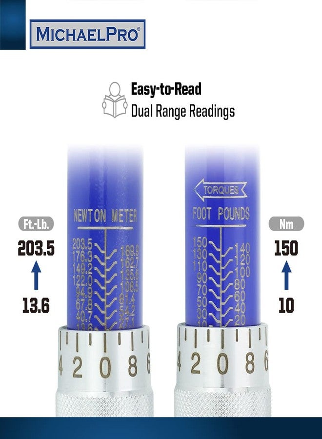 MichaelPro مفتاح عزم الدوران مايكل برو 1/2 بوصة، 10-150 قدمًا/رطل، اتجاه مزدوج، دقة ±4%، رأس سقاطة عكسي، مفتاح عزم دوران فولاذي شديد التحمل للسيارات والشاحنات والاستخدامات الميكانيكية - Image 2