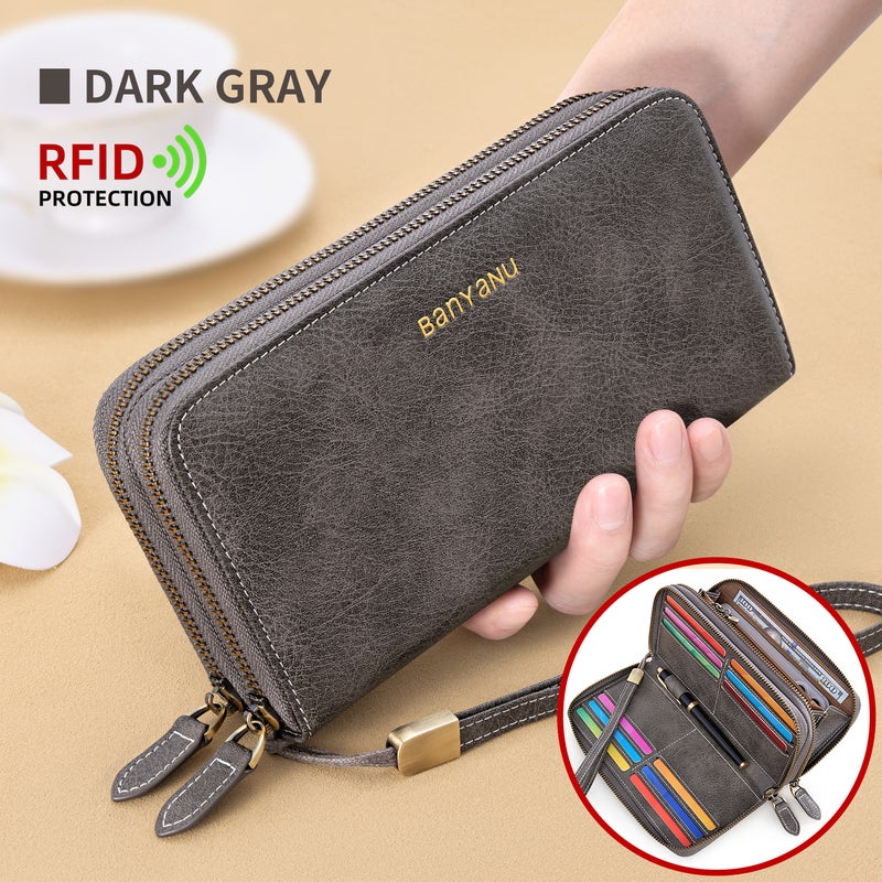 banyanu Women's Long Wallet/Clutch, Large Size, Business Handbag, Phone Card Holder, Double Zipper, Large Capacity, Multiple Card Slots (Dark Gray) - Image 1