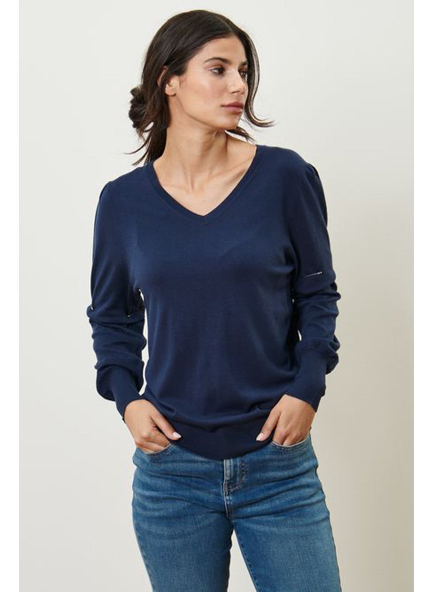 Tchibo Women V-Neck Textured Sweater, Navy Blue  - Image 1