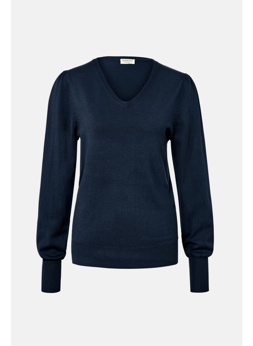 Tchibo Women V-Neck Textured Sweater, Navy Blue  - Image 2
