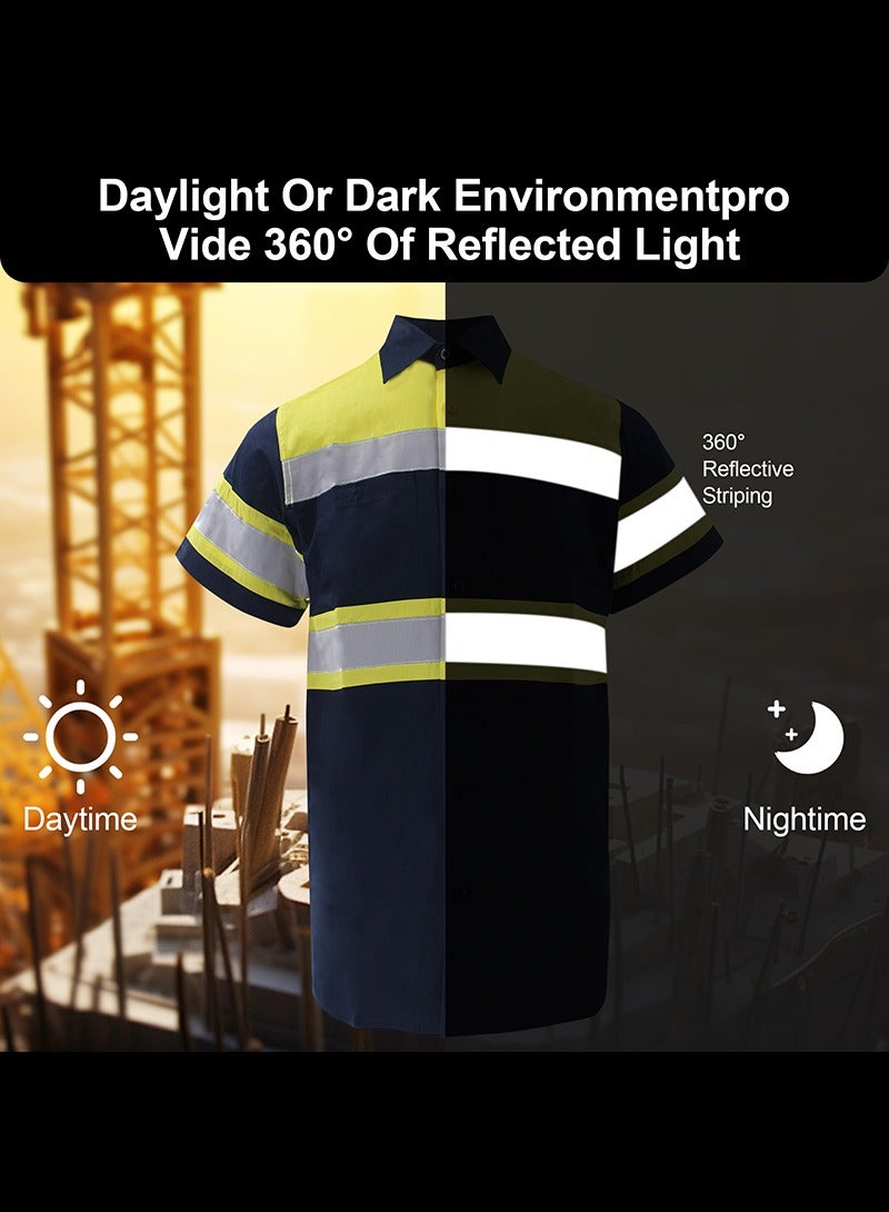 Zuolaya - High Visibility Reflective Safety Shirts for Men Safety Workwear Shirt with Pockets Pure Cotton Soft Breathable Navy/Yellow - Image 1