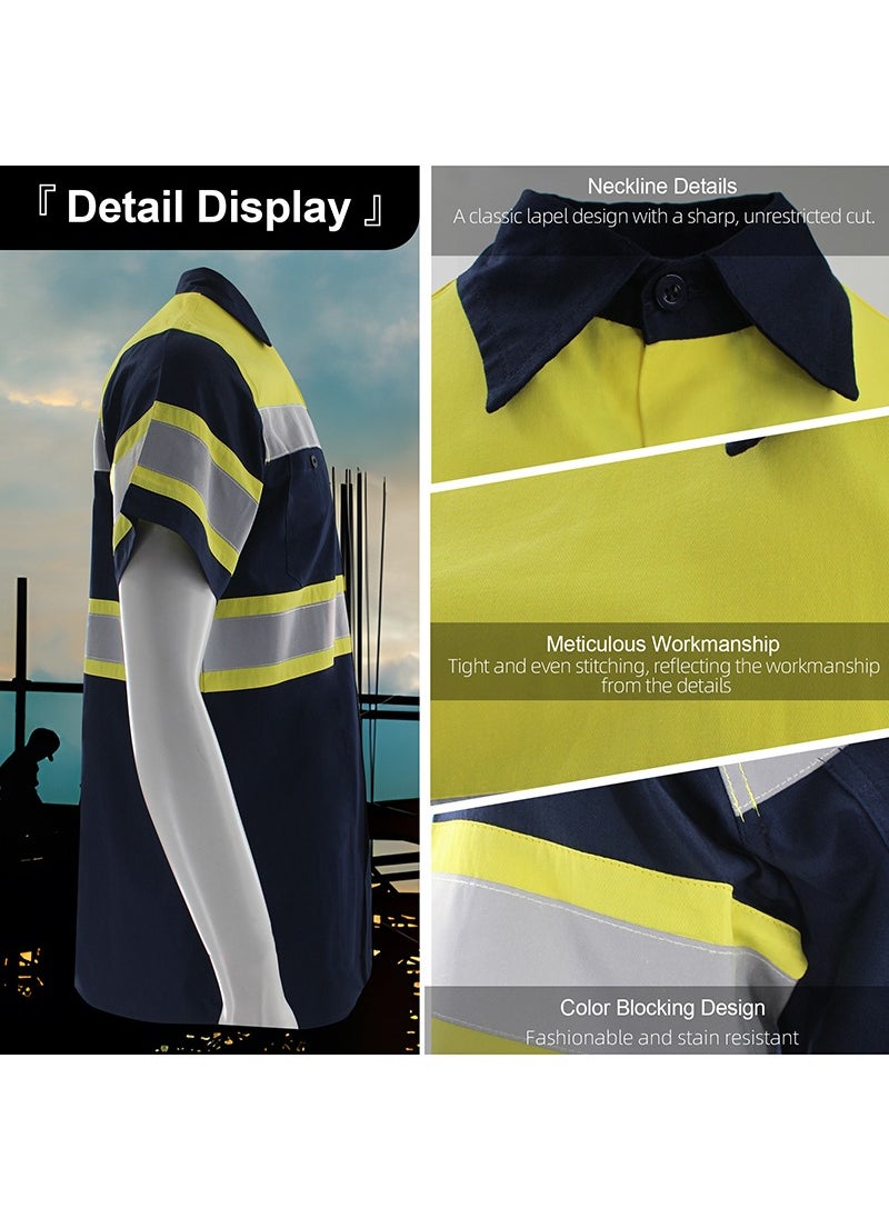 Zuolaya - High Visibility Reflective Safety Shirts for Men Safety Workwear Shirt with Pockets Pure Cotton Soft Breathable Navy/Yellow - Image 1