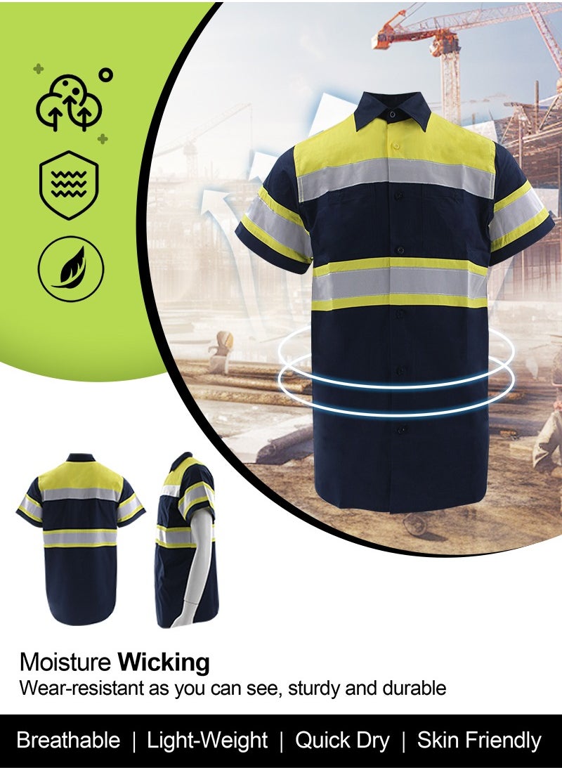 Zuolaya - High Visibility Reflective Safety Shirts for Men Safety Workwear Shirt with Pockets Pure Cotton Soft Breathable Navy/Yellow - Image 1