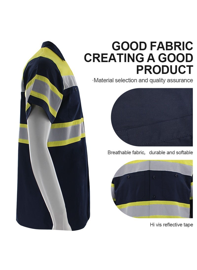 Zuolaya - High Visibility Reflective Safety Shirts for Men Safety Workwear Shirt with Pockets Pure Cotton Soft Breathable Navy/Yellow - Image 1