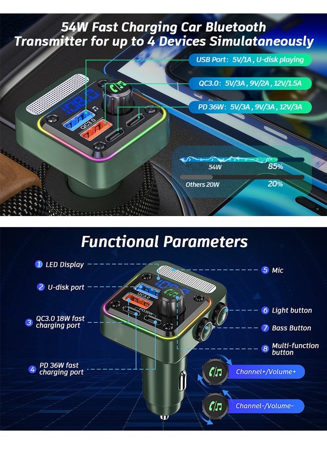 Royee - Bluetooth 5.3 FM Transmitter Car Adapter Charger PD 36W QC3.0 18W LED Backlit - Image 1