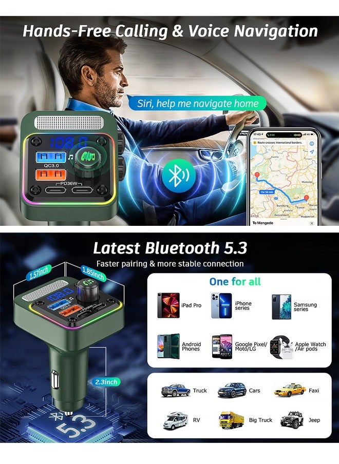 Royee - Bluetooth 5.3 FM Transmitter Car Adapter Charger PD 36W QC3.0 18W LED Backlit - Image 1