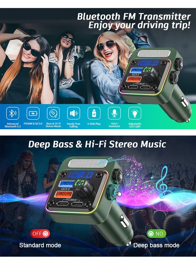 Royee - Bluetooth 5.3 FM Transmitter Car Adapter Charger PD 36W QC3.0 18W LED Backlit - Image 1