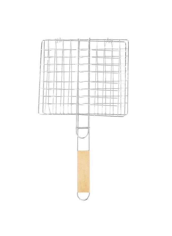 Kruvad Kruvad Square BBQ Small Stainless Steel With Wooden Handle Paneer Tandoor Barbeque Grill Net Basket for Fish Vegetables Steak Clip Fish Grill Papad Chapati Toast Baigan Bharta and More  - Image 1