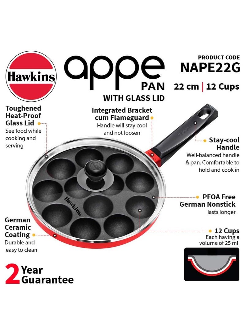 Hawkins Nonstick Appe Pan with Glass Lid, 12 Cups, Diameter 20 cm, Black, Cast Aluminium, Red - Image 2