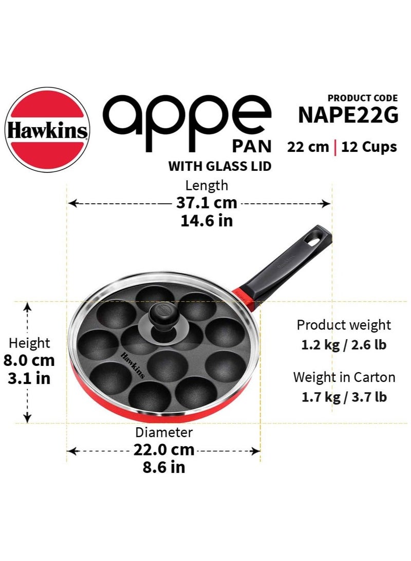 Hawkins Nonstick Appe Pan with Glass Lid, 12 Cups, Diameter 20 cm, Black, Cast Aluminium, Red - Image 3