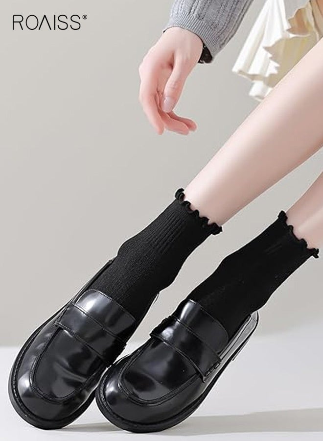 roaiss 6 Pairs Women's Mid-Calf Socks, Ruffled Hem Polyester-Cotton Blend Socks, Summer Lightweight Lolita Style Socks, for Pairing with Mary Jane Shoes, Black - Image 5