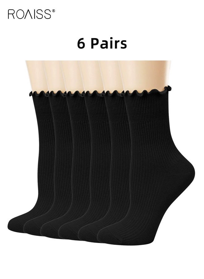 roaiss 6 Pairs Women's Mid-Calf Socks, Ruffled Hem Polyester-Cotton Blend Socks, Summer Lightweight Lolita Style Socks, for Pairing with Mary Jane Shoes, Black - Image 1