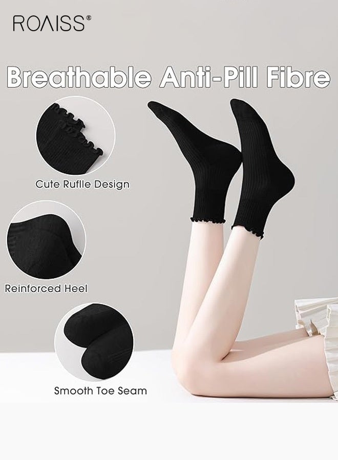 roaiss 6 Pairs Women's Mid-Calf Socks, Ruffled Hem Polyester-Cotton Blend Socks, Summer Lightweight Lolita Style Socks, for Pairing with Mary Jane Shoes, Black - Image 3