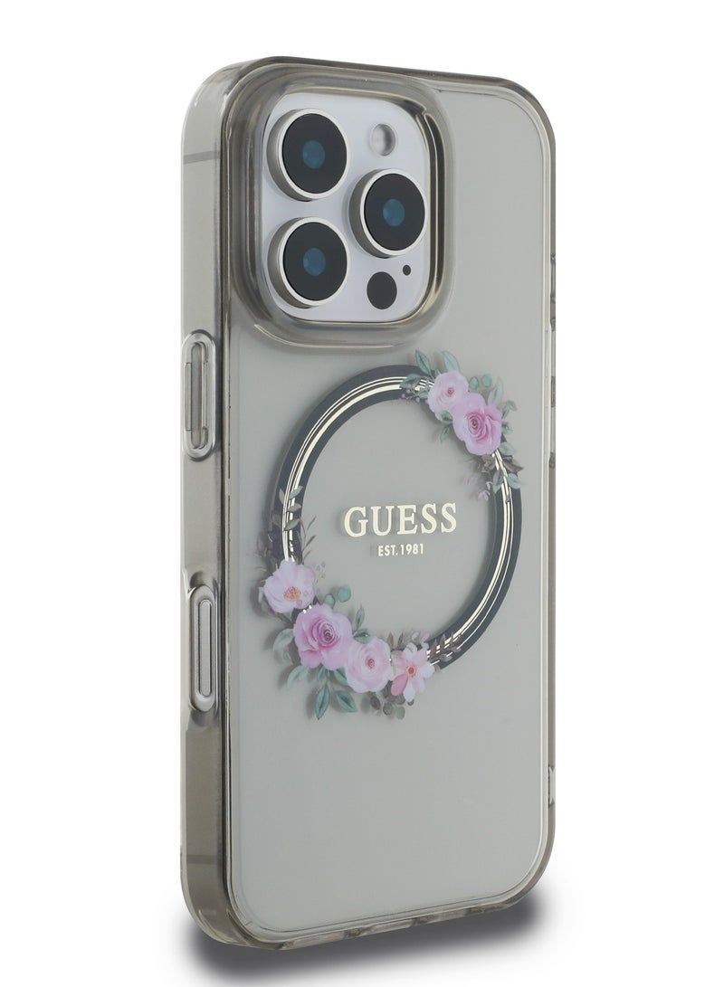 GUESS iPhone 16 Pro Max Magsafe Case IML Hard Cover with Flower Wreath Design / Drop protection / Lightweight back Cover / Comfortable Grip  - Black - Image 1