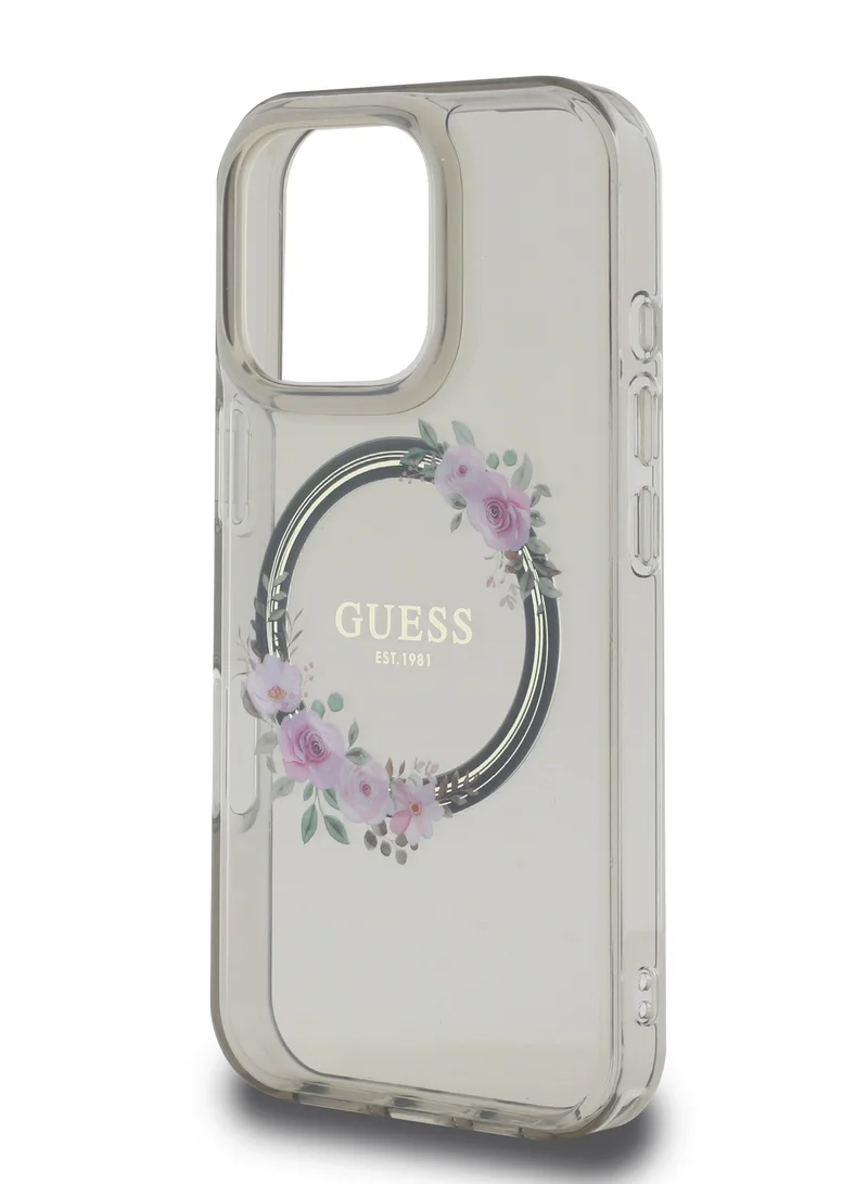 GUESS iPhone 16 Pro Max Magsafe Case IML Hard Cover with Flower Wreath Design / Drop protection / Lightweight back Cover / Comfortable Grip  - Black