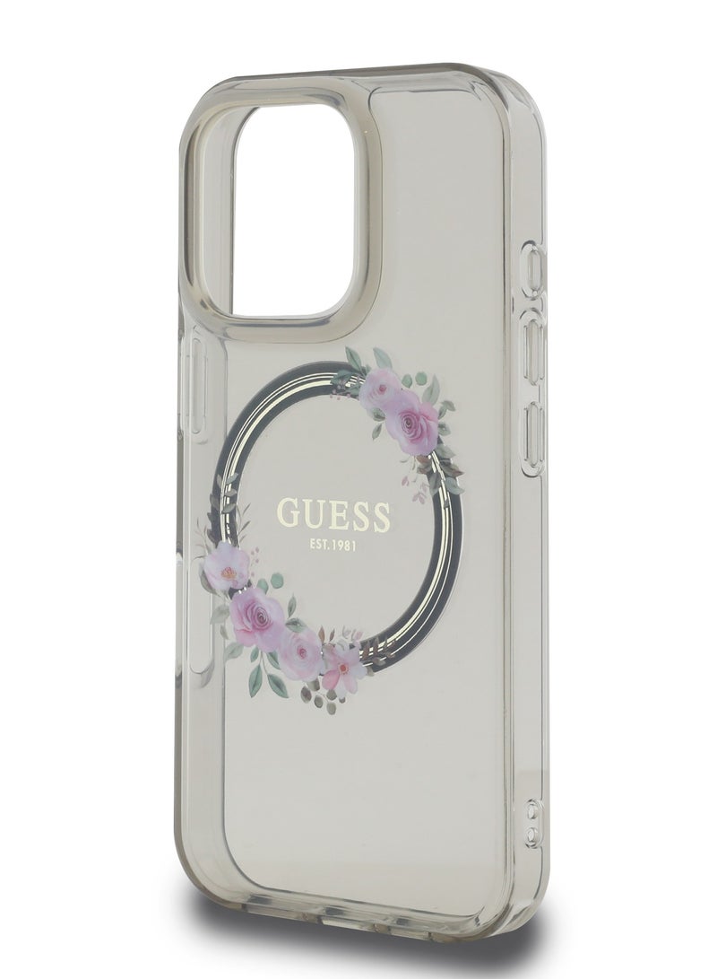 GUESS iPhone 16 Pro Max Magsafe Case IML Hard Cover with Flower Wreath Design / Drop protection / Lightweight back Cover / Comfortable Grip  - Black - Image 5