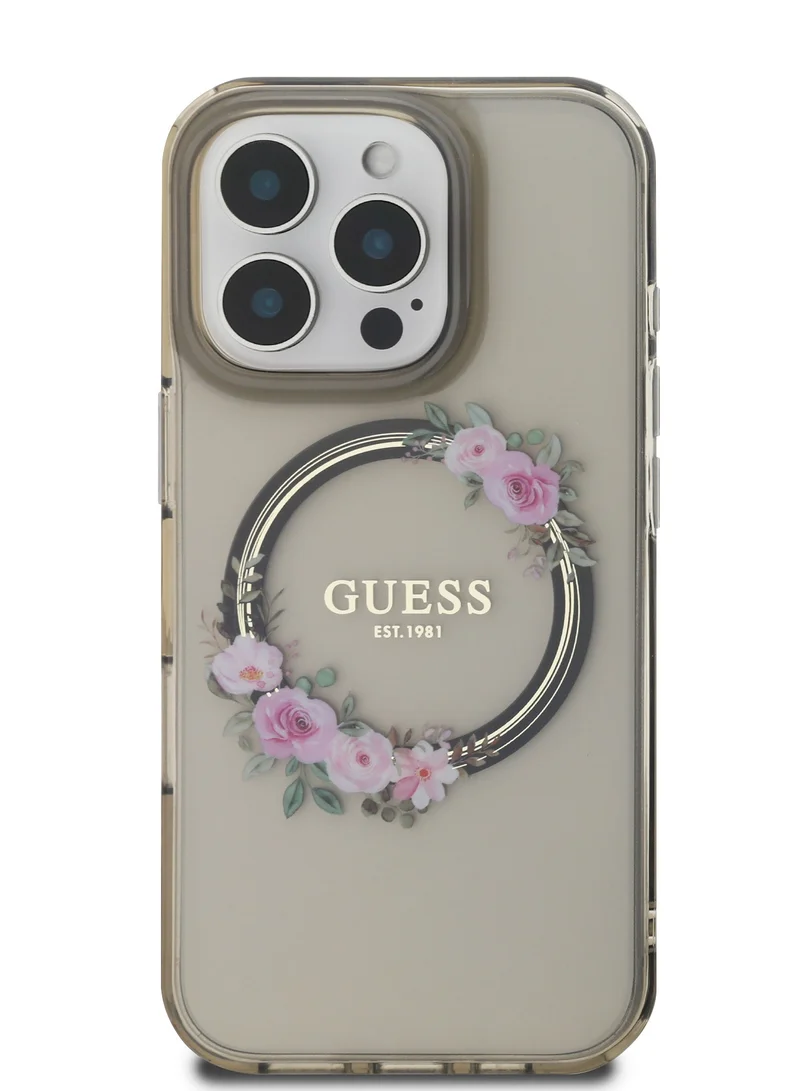 GUESS iPhone 16 Pro Max Magsafe Case IML Hard Cover with Flower Wreath Design / Drop protection / Lightweight back Cover / Comfortable Grip  - Black