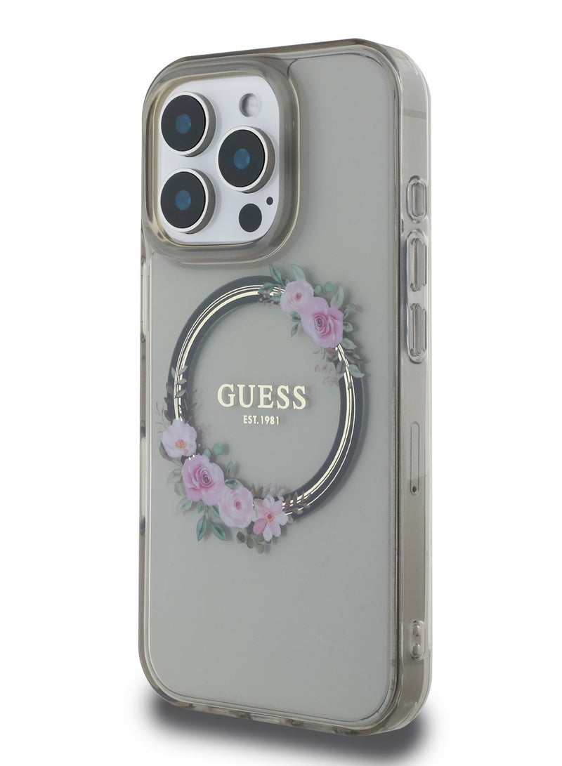 GUESS iPhone 16 Pro Max Magsafe Case IML Hard Cover with Flower Wreath Design / Drop protection / Lightweight back Cover / Comfortable Grip  - Black - Image 2
